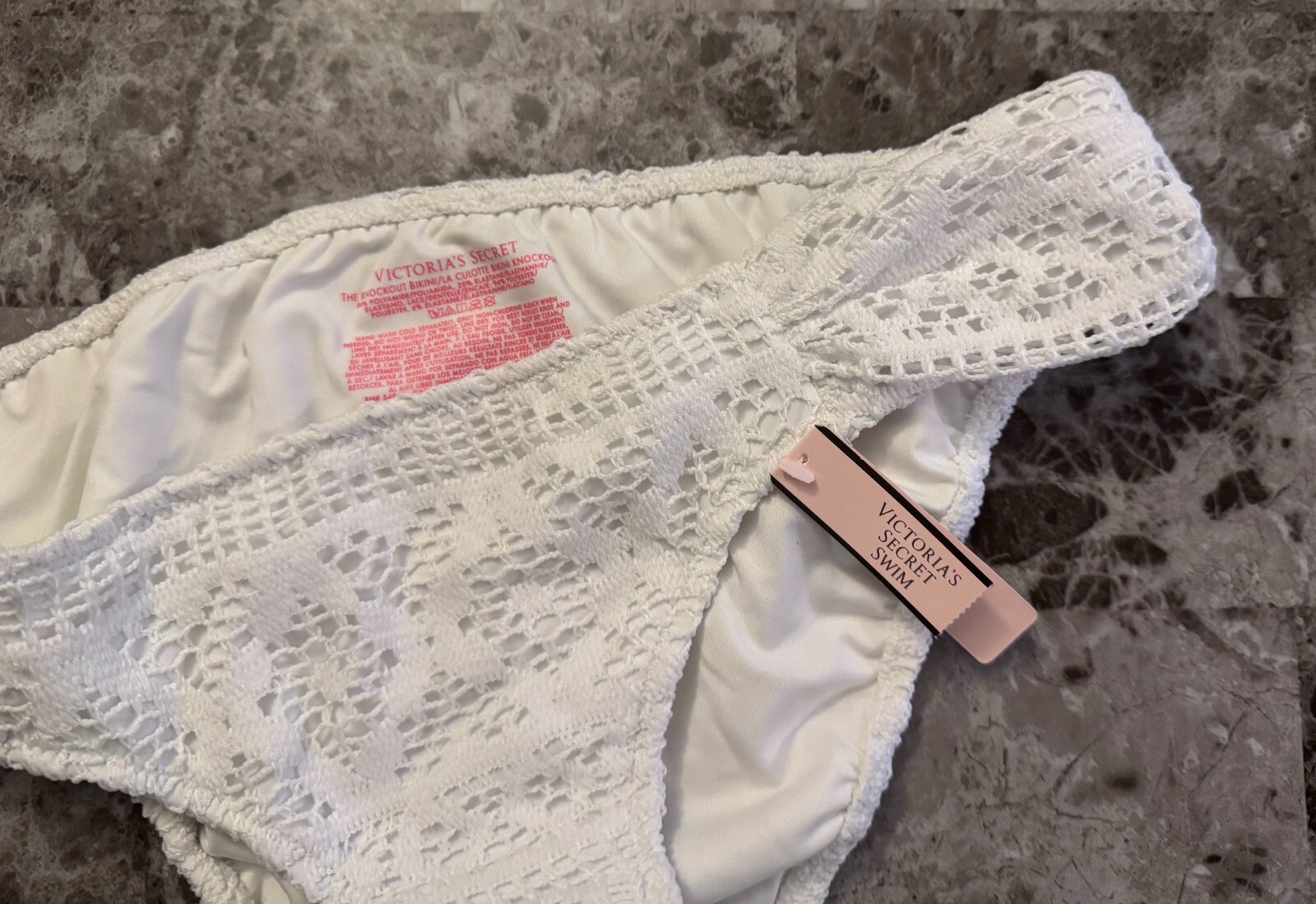 NWT VICTORIA’S SECRET WHITE OVERLAY CROCHET RUCHED KNOCKOUT BIKINI BOTTOM SWIM