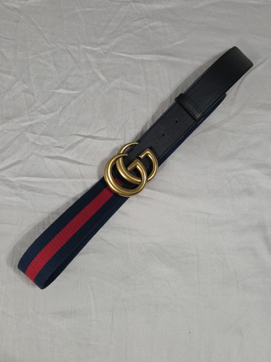 Gucci GG Brass Buckle Striped Navy Red Dress Belt Men’s 36-38 IT 105CM