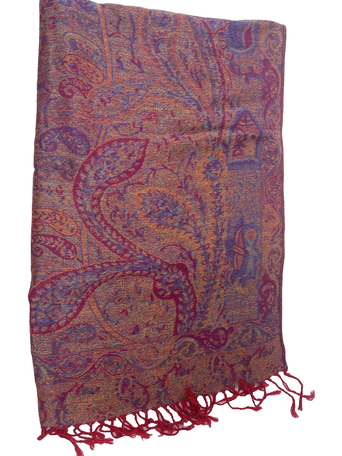 100% Pashmina Red Purple Flower Paisley Fringe Scarf Wrap Shawl 72” x 28”