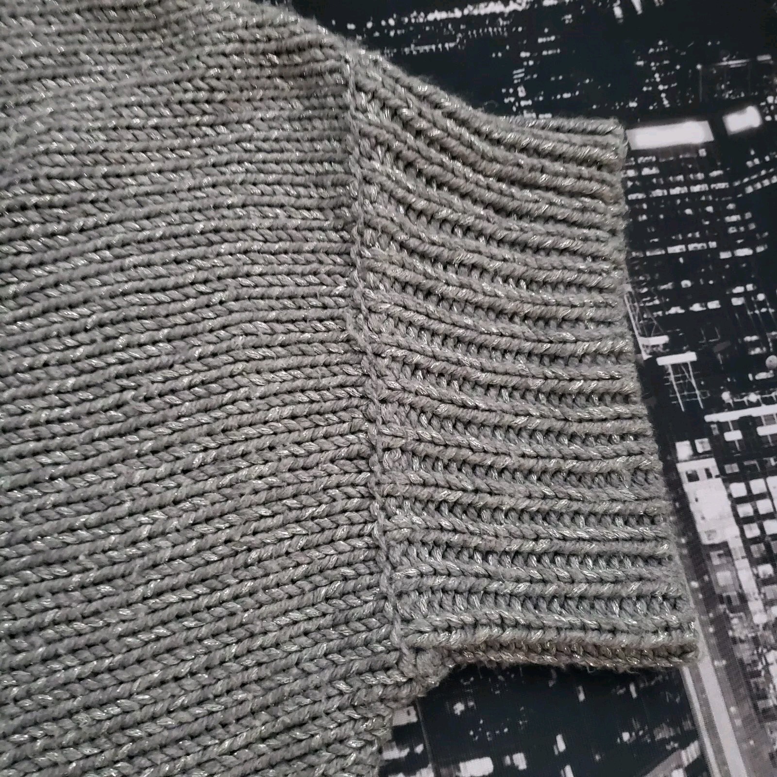 A.N.A Silver Gray Open Front Cardigan Sweater Medium Chunky Knit Metallic Accent