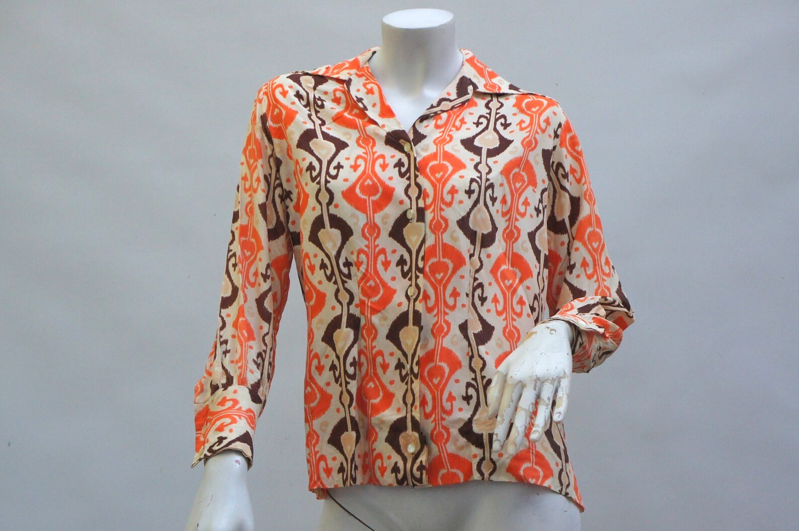 Vintage 60s Orange & Brown Damask Print Blouse Down Shirt Boho Retro Hippie