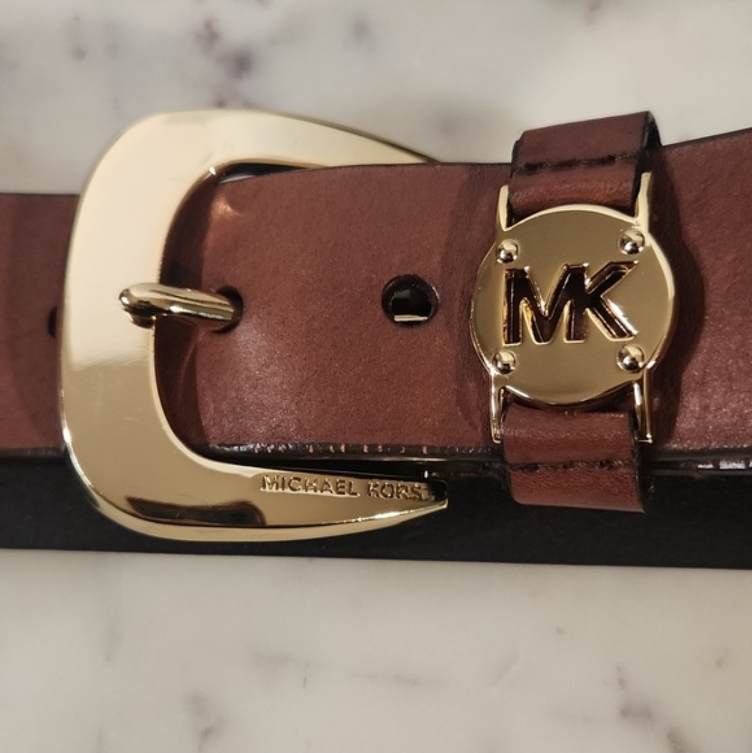 Michael Kors Brown Leather MK Goldtone Logo Belt Buckle Sz40″