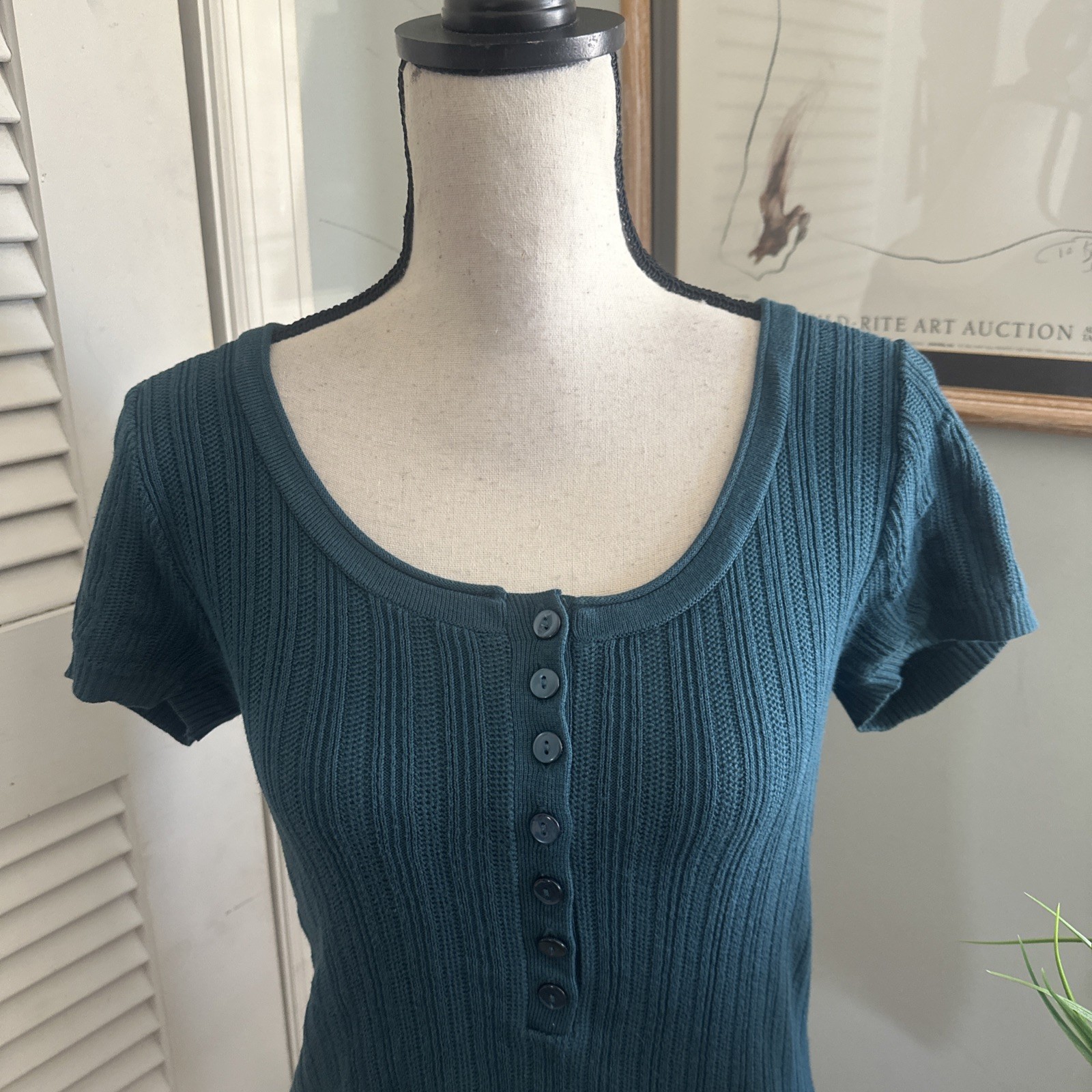 Vintage Axcess Sweater Womens Medium Teal Scoop Neck Henley Retro Y2K Grunge