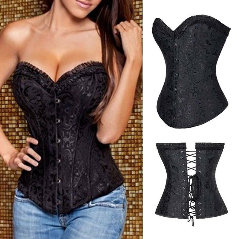 Sexy Black Bustier Overbust Corset Top Waist Training Lace Up Steampunk Lingerie