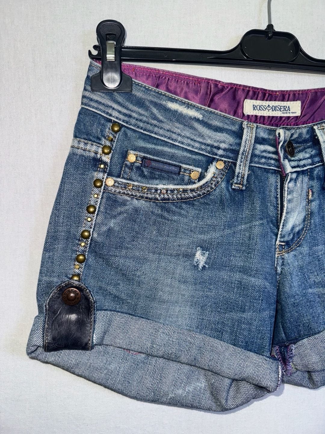 Rossodisera Low Rise Distressed Denim Studded Shorts with Zipper Pockets
