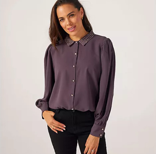 Frank Usher Studded Blouse Crepe Feel Long Sleeve New Size L/XL