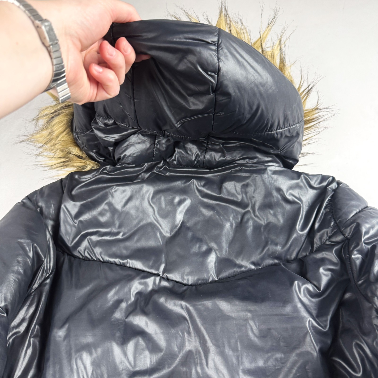 Mens Vintage Blue Puffer Jacket Faux Fur Hood Winter Bubble Coat Y2K Streetwear