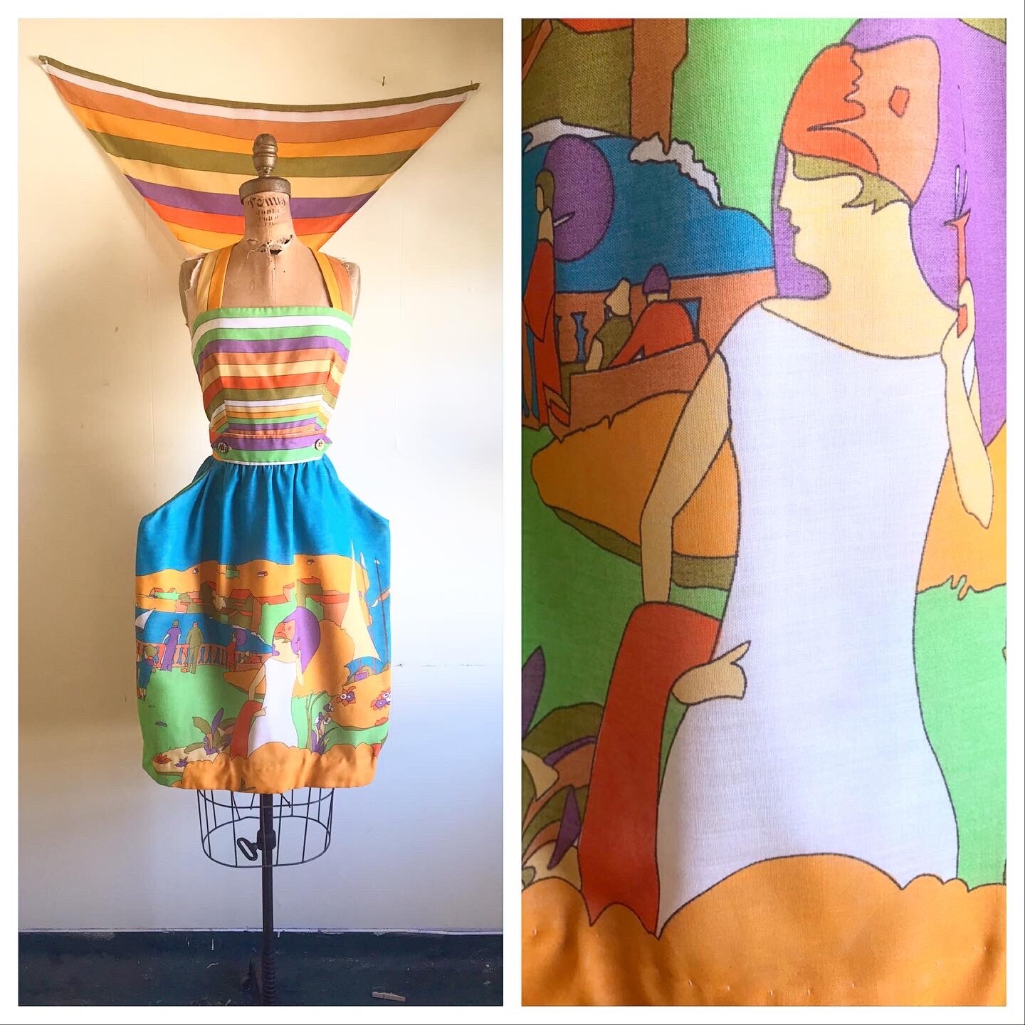 FRENCH RIVIERA 1960’s 1970’s 60s 70s Vintage Novelty Print Sundress Dress Set S
