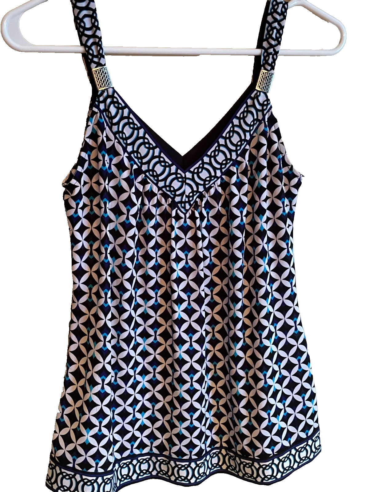 WHBM BLACK, WHITE & BLUE V NECK TOP W/SILVER DETAIL ON STRAPS SIZE XS EUC