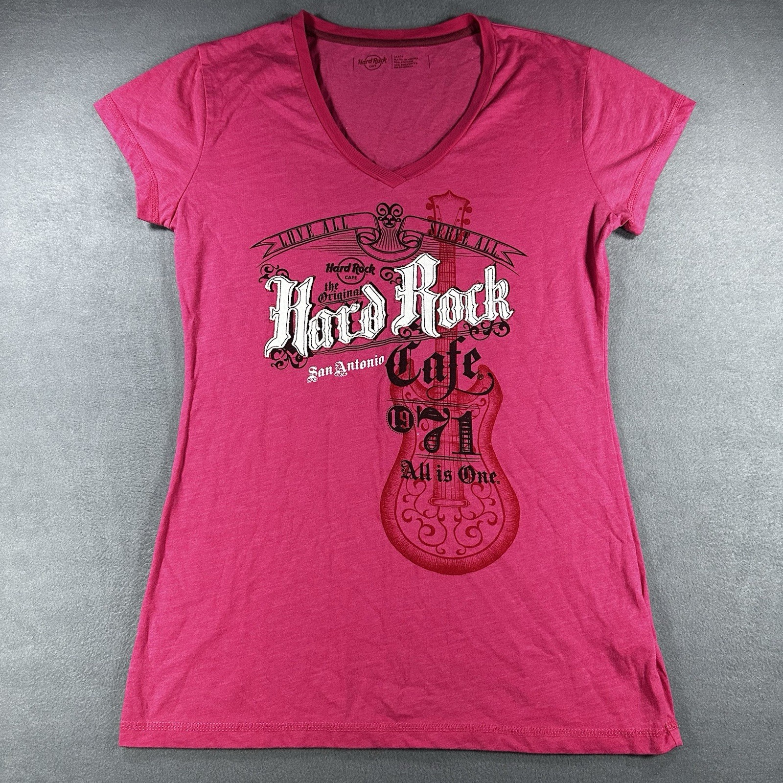 Hard Rock Cafe San Antonio 1971 All is One T Shirt Ladies Large Pink Tee