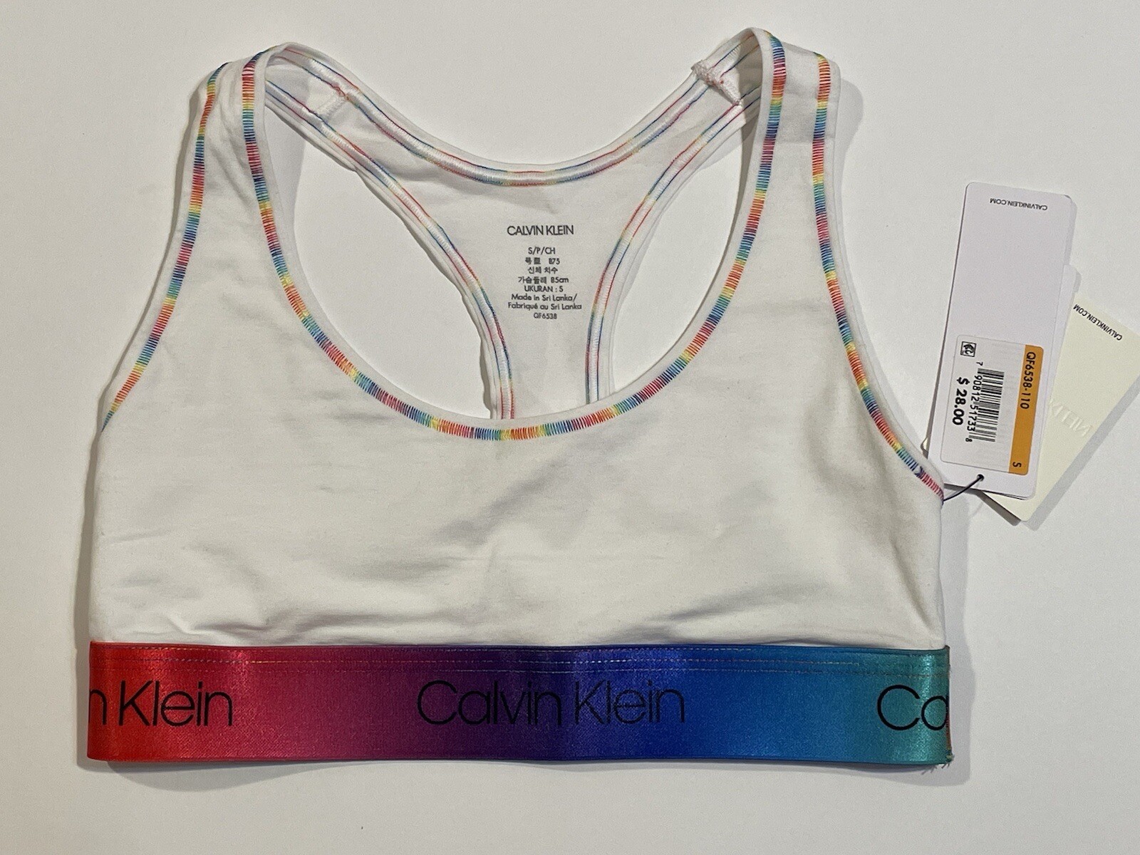 NEW CALVIN KLEIN BLACK LOGO BAND RAINBOW SPORTS BRA BRALETTE CROP TOP MEDIUM $28