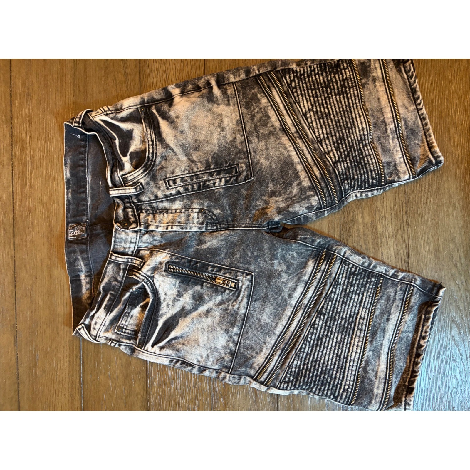 PRPS Goods & Co Mens 30 Acid Wash Black Moto Biker Denim Shorts Zipper Detail