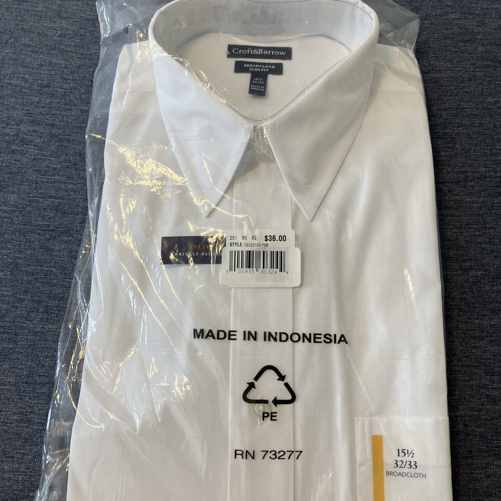 Croft Barrow Men’s Button Dress Shirt White Broadcloth Classic Fit 15-1/2 32/33