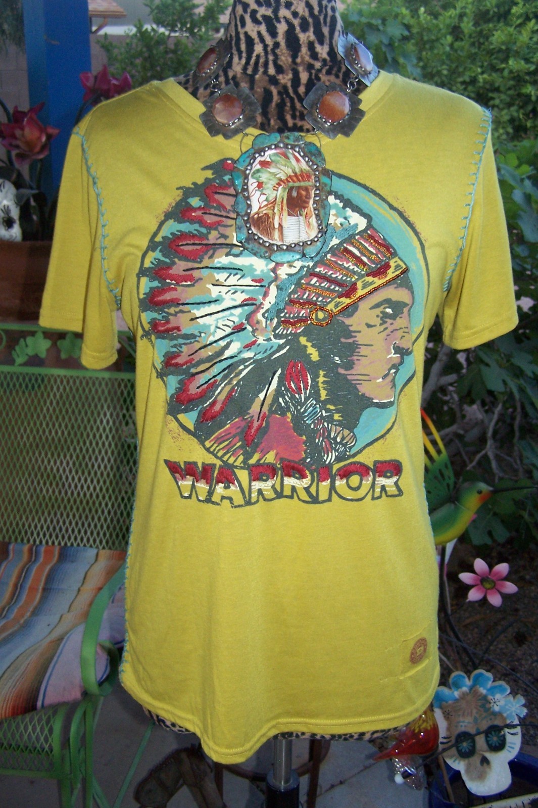 DOUBLE D RANCH L Indian WARRIOR Embroidered Beaded Graphic Western Tee Shirt EUC