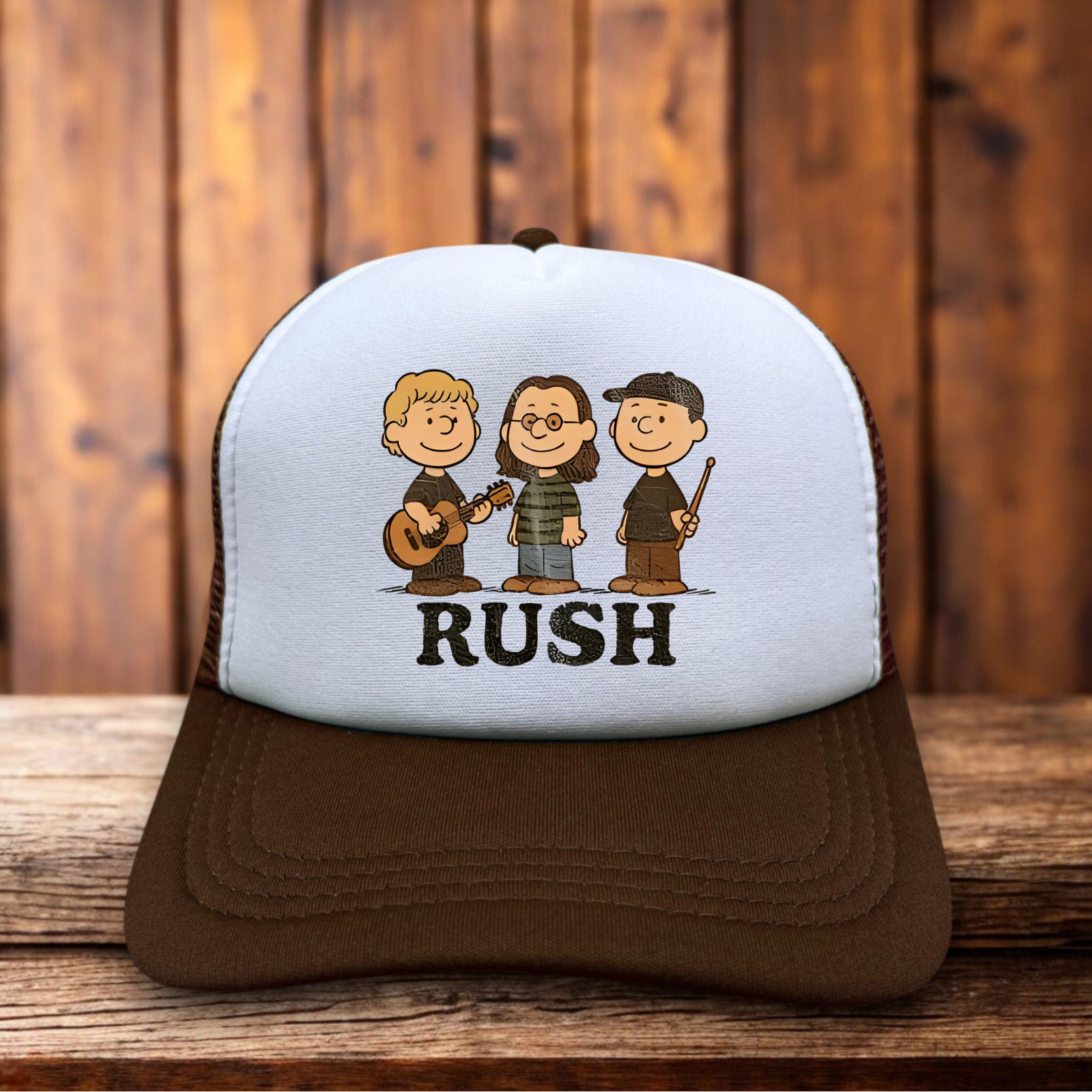 Rush Peanuts Mashup Parody Mens Trucker Hat Brown Snapback 70s Hard Rock