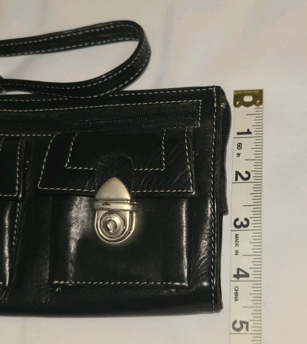 Nino Bossi Black Leather Double Push Lock • Zip Clutch Wallet Wristlet • EUC