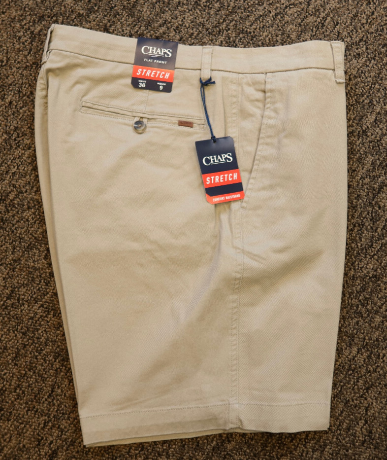 New Chaps Men’s Flat Front Stretch 9″ Shorts with Comfort Waistband – 36 – Khaki