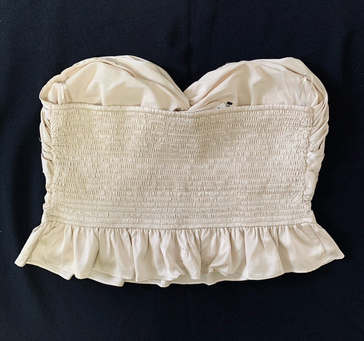 Express Strapless Peplum Pleated Satin Top Sz XL Beige Champagne Romantic Fairy