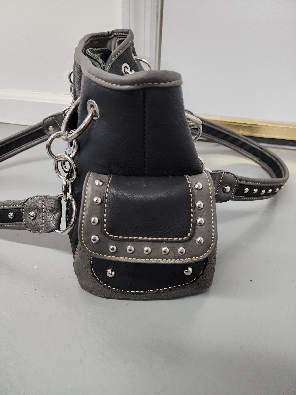 Vintage Y2K Rhinestone Cross Western Gothic Black Leather Handbag Purse