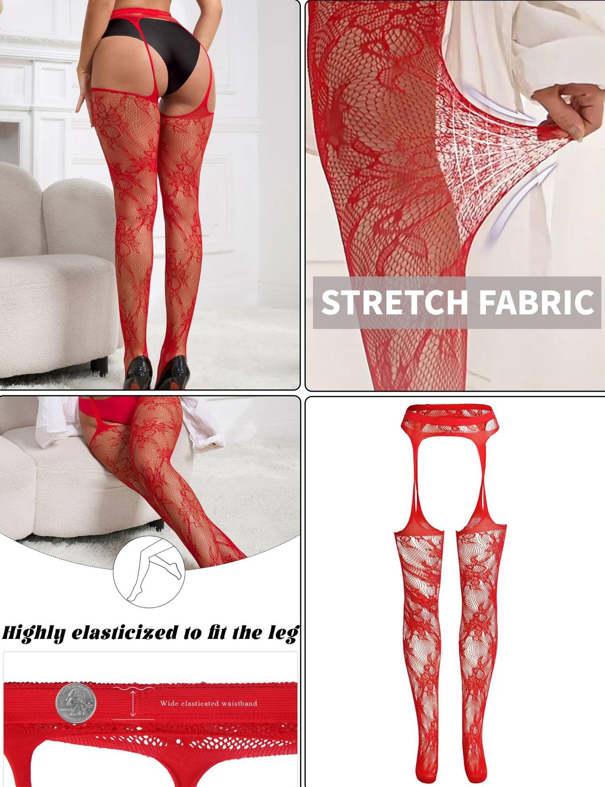 ohyeah Plus Size Thigh High Stockings with Garter 3X-Large-5X-Large, 1- Red