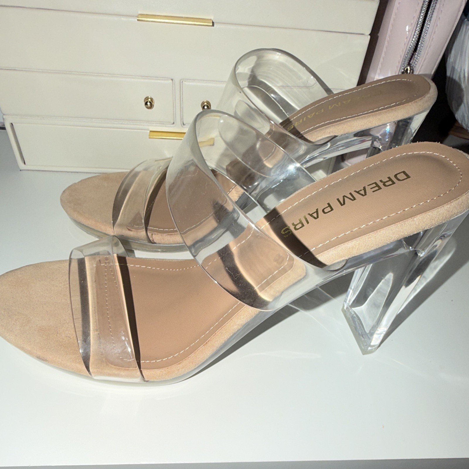 DREAM PAIRS Women’s Strappy Clear/Beige Open Toe Slip-On Synthetic Block Heels