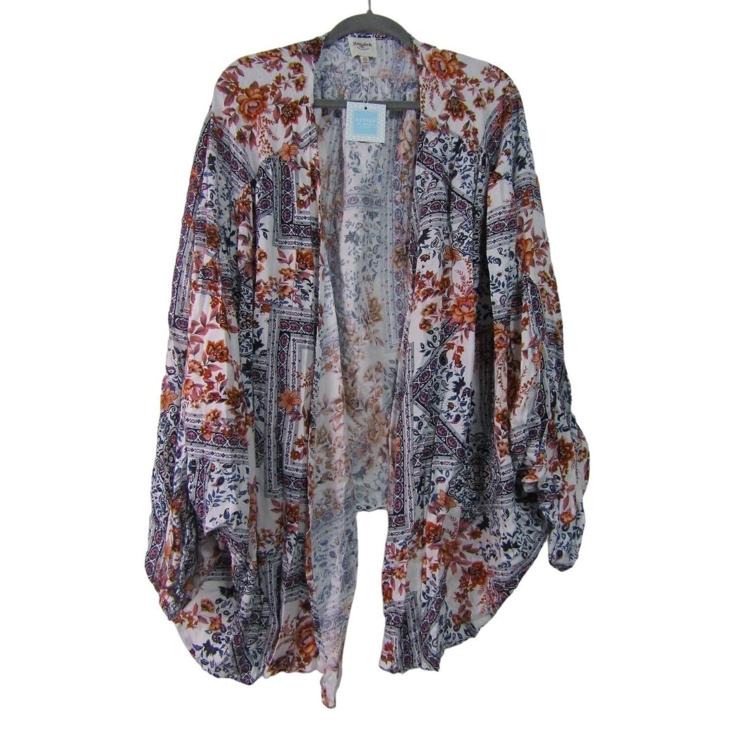 Hayden Rayon White Floral Tunic Wrap Top size 3XL Batwing Boho Colorful Classic