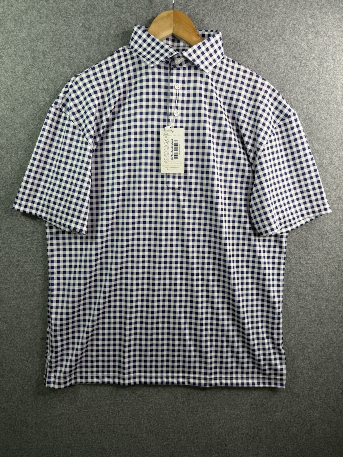 Collars & Co Navy Gingham Dress Collar Polo Shirt Large NEW