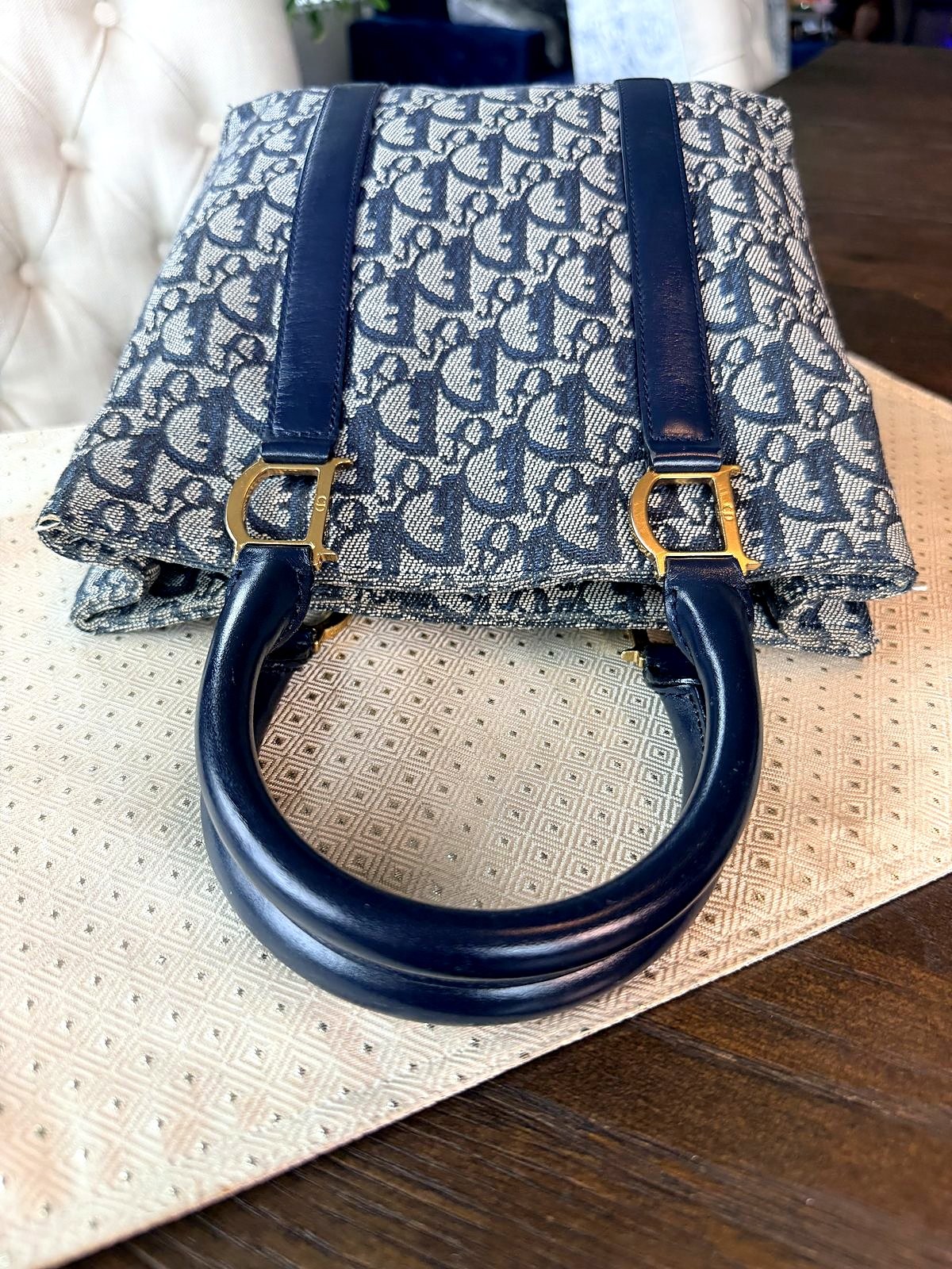 Authentic Christian Dior Navy Trotter Monogram Canvas Tote Bag Gold Hardware
