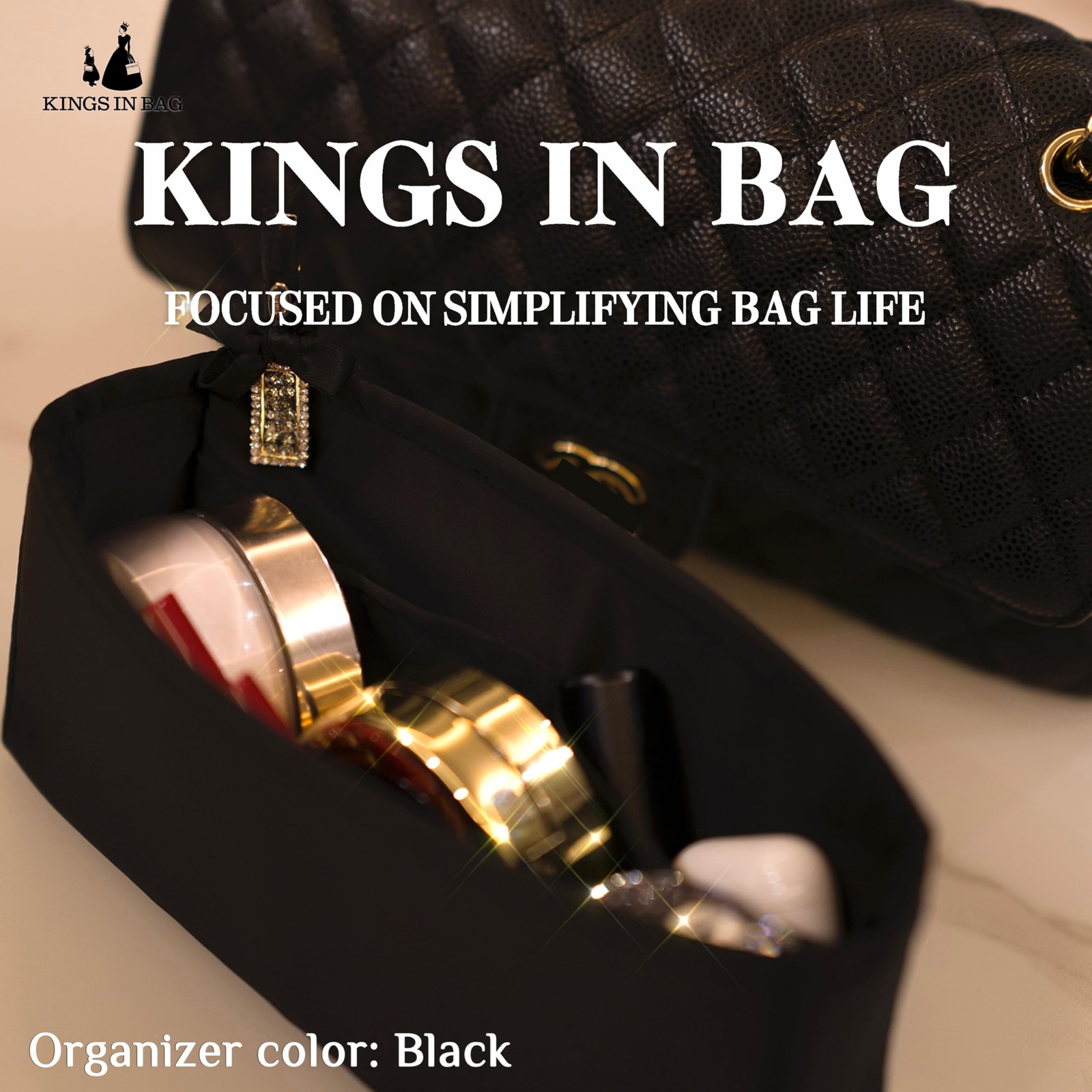 KINGS IN BAG Purse Organizer for Chanel Mini Classic Flap, Black