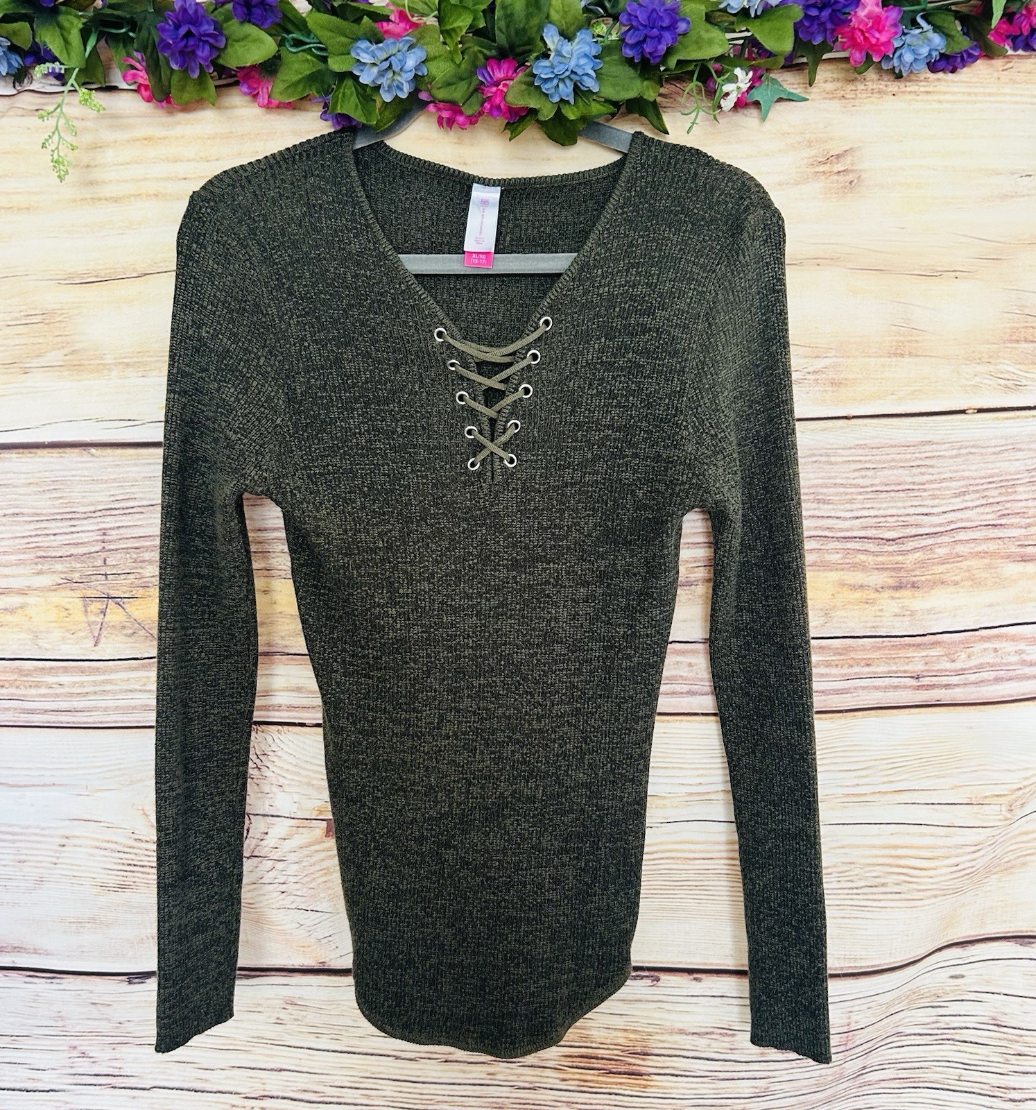 No Boundaries Juniors Green Olive Marl Lace Up Neck Long Sleeve Ribbed Sweater