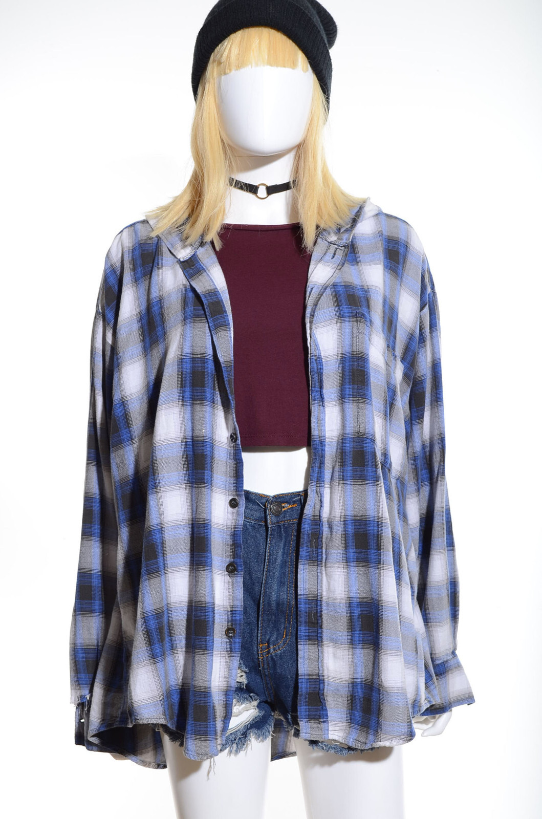 Vtg 90s PLAID Flannel HOODED Grunge Hip Hop Oversized Jacket Boyfriend Shirt Top