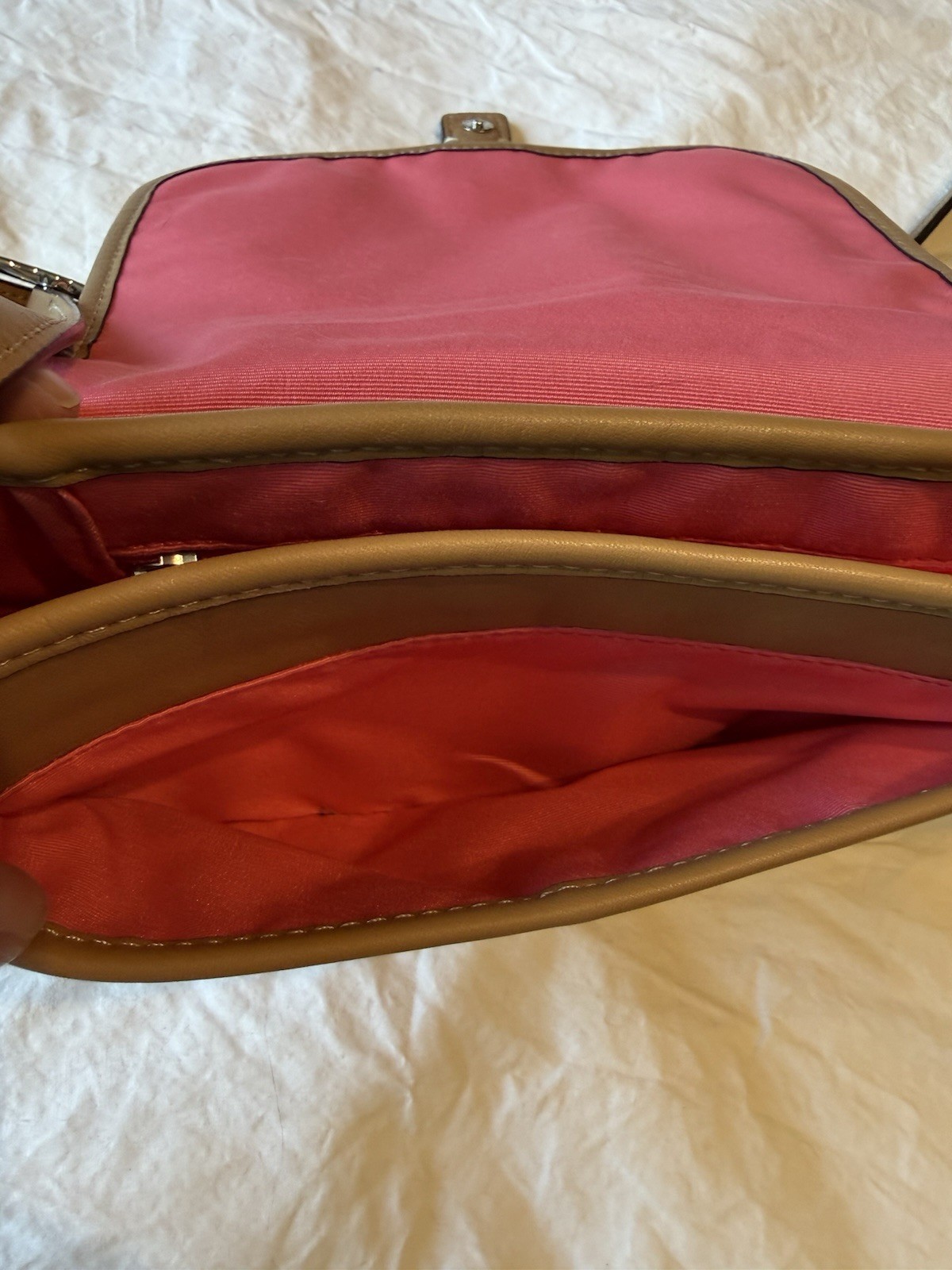 Coach Camel Tan Crossbody Bag Buckle Flap Magnetic Closure Pink Lining