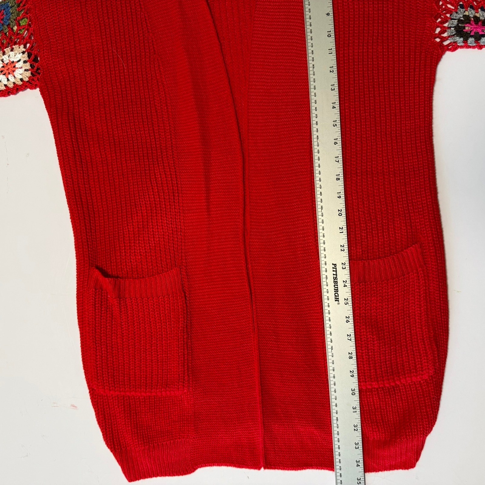 Blakeley Red Crochet Granny Square Sleeve Open Front Cardigan Sweater OS Womens