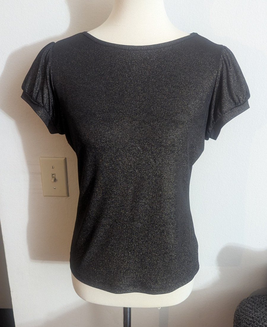 Worthington Black Metallic Shimmer Top Puff Cap Sleeve Sparkle Blouse Womens PM