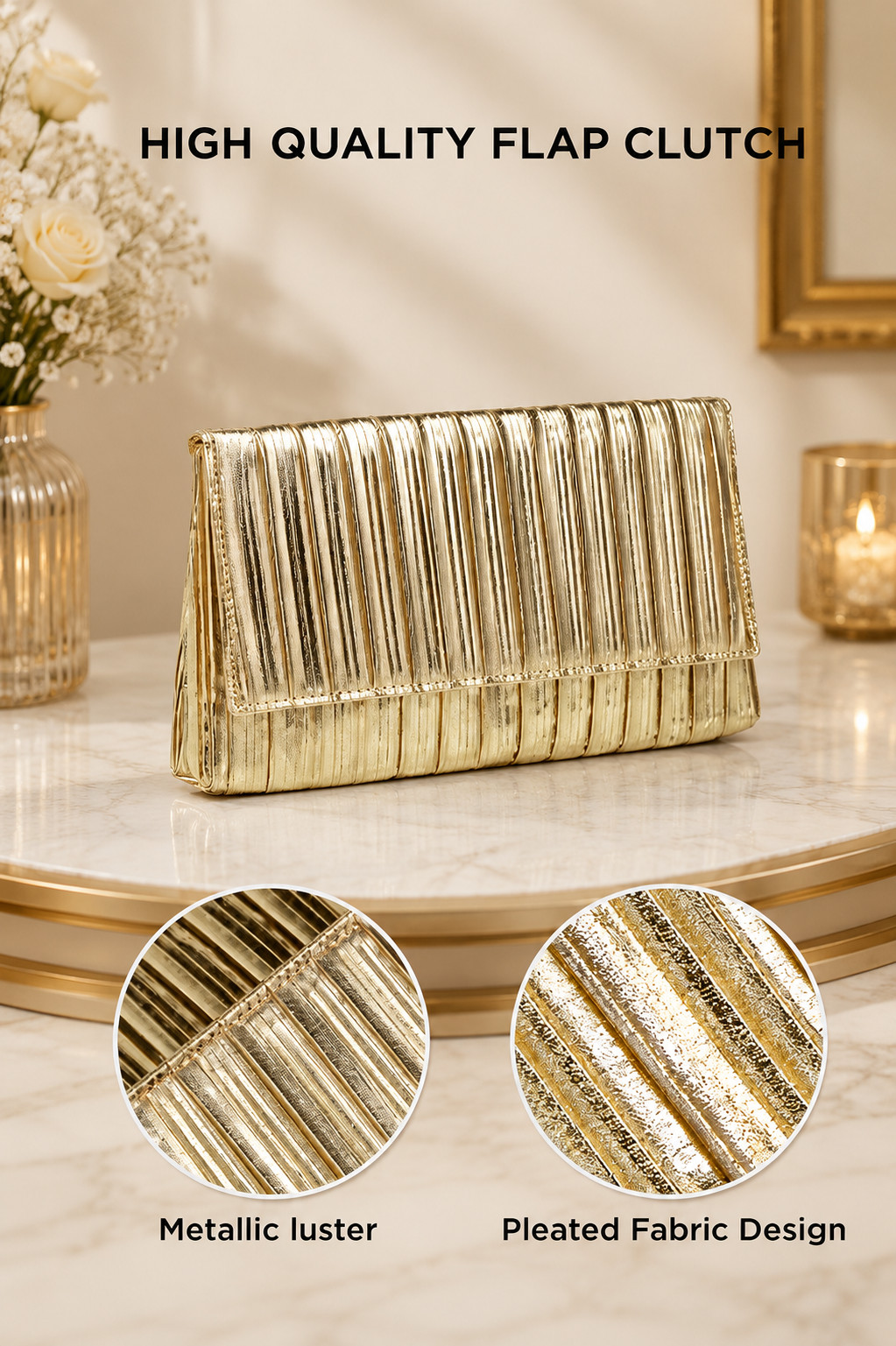 Gold Pleated Clutch, Evening Bag for Wedding Party, Formal Handbag