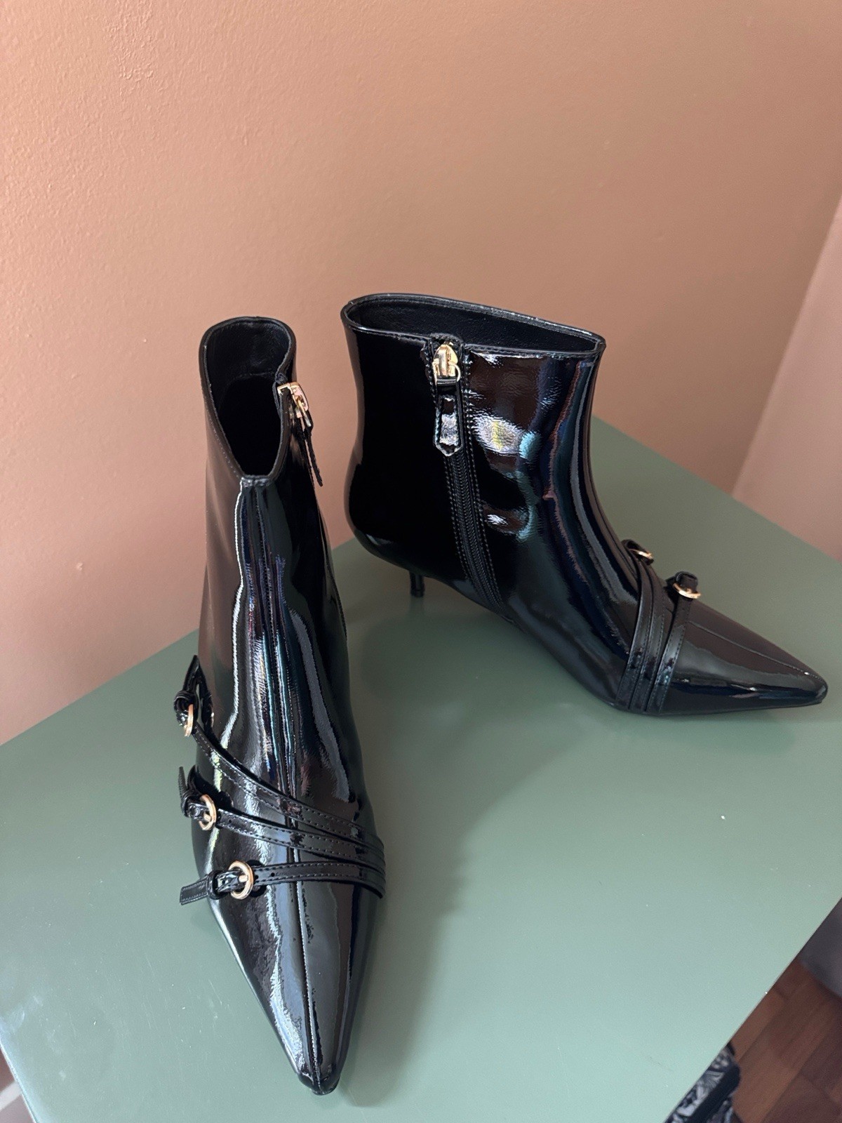 Coutgo Womens Buckle Strap Ankle Booties Kitten Low Heel Pointed Toe Size 7