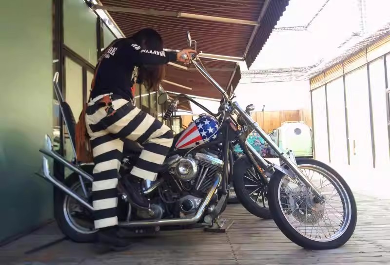 BOB DONG Retro Prisoner Striped Motorcycle Pants Men Casual Biker Trousers Thick