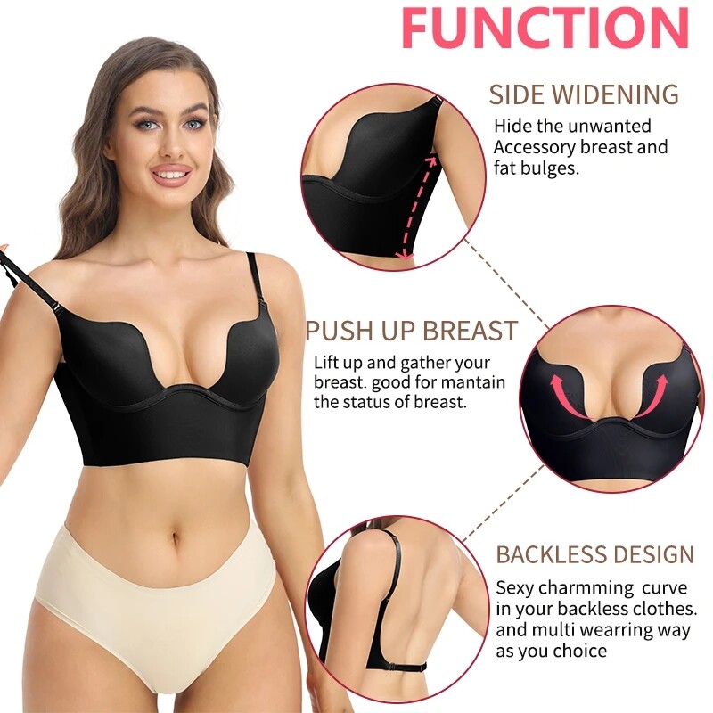 Push Up Bra Backless Women Low Cut Plunge Invisible Seamless Deep U Lingerie Hot