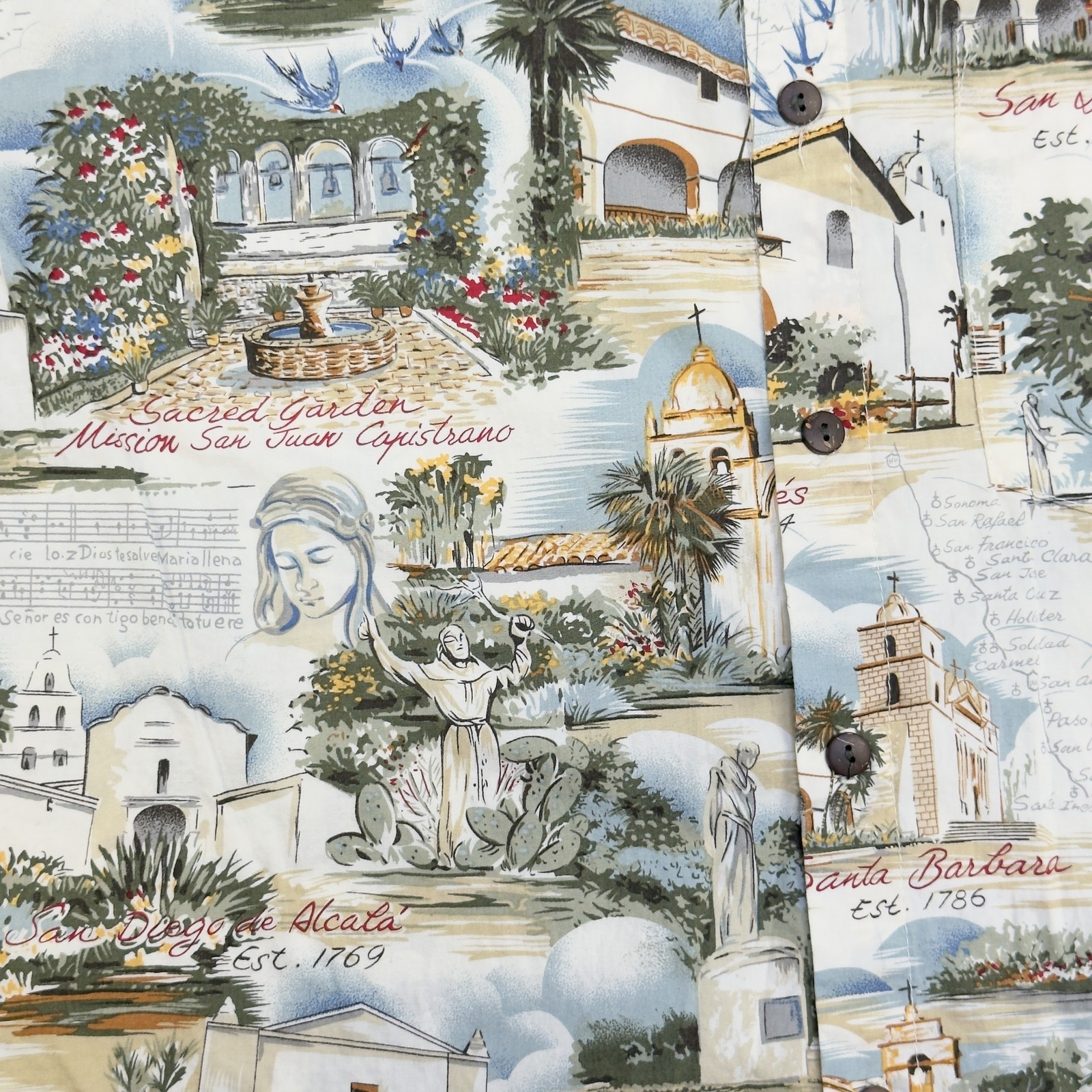 Vtg 90s High Seas Trading Co Shirt Mens S California Missions Map USA Aloha AOP