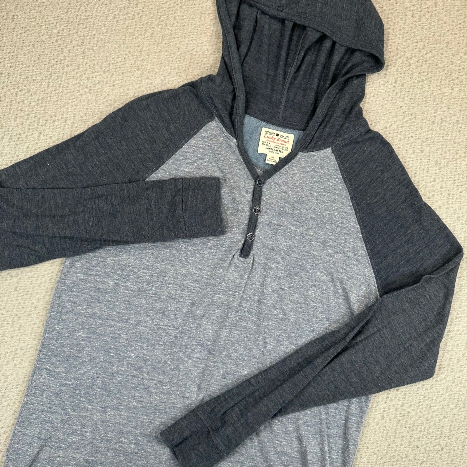 Lucky Brand Henley Shirt Mens Medium Blue Heather Raglan Hooded Long Sleeve