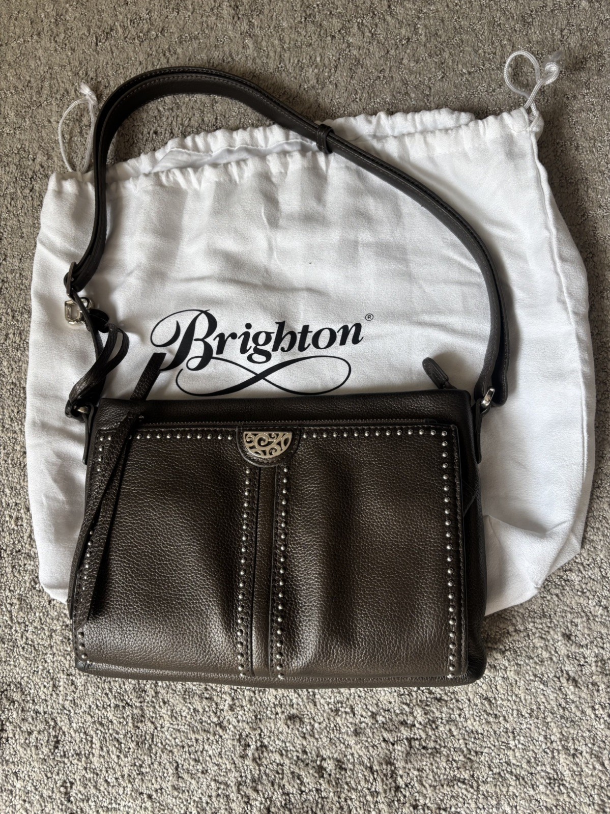 BRIGHTON Crossbody Organizer in Cappuccino Pebbled Leather w/ Silver Studs