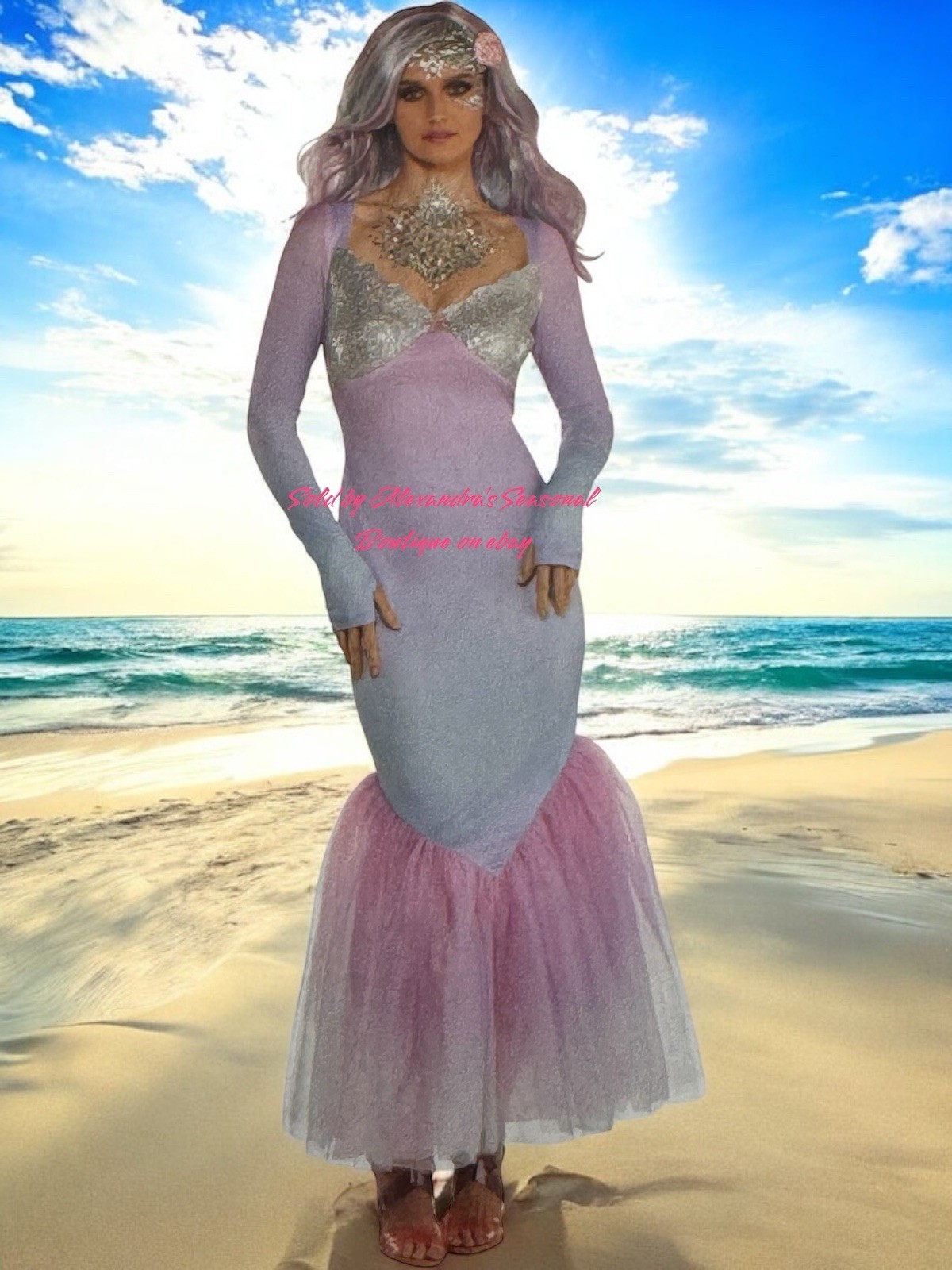 Mystical Mermaid Pastel Halloween Costume Dress & Hair Clip Size M, 6-8 Adult