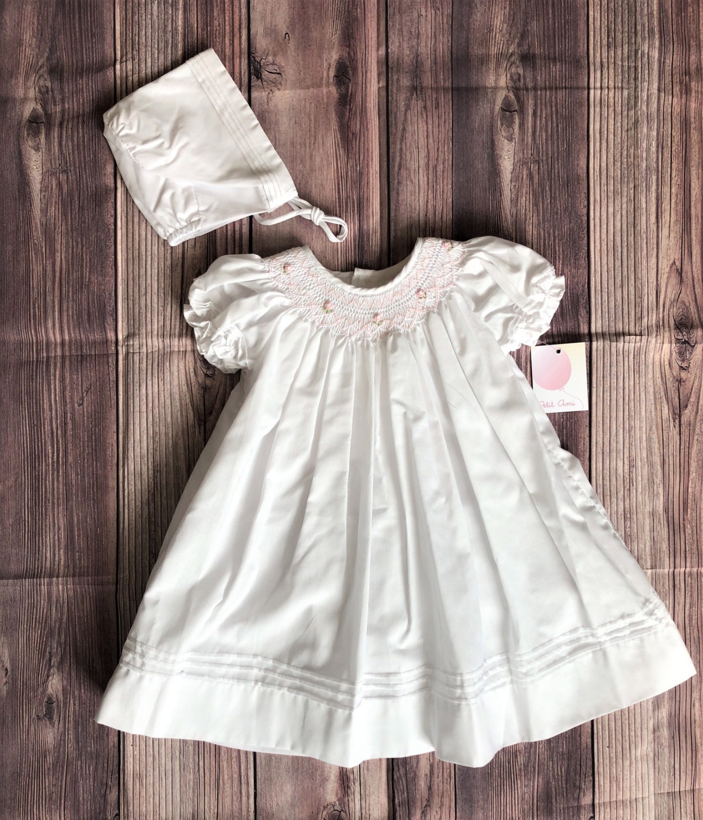 NWT Petit Ami White Pintuck Smocked Bishop Baby Girls Daygown Dress Newborn Hat