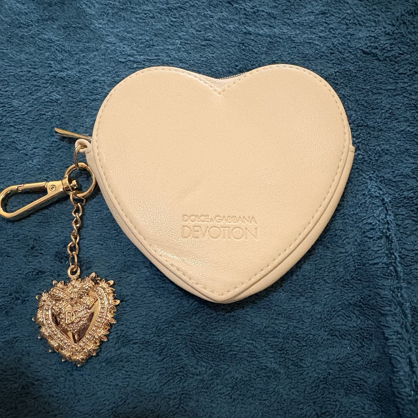 Dolce & Gabbana Devotion Heart Key Chain Ivory/Gold Leather Metal Logo