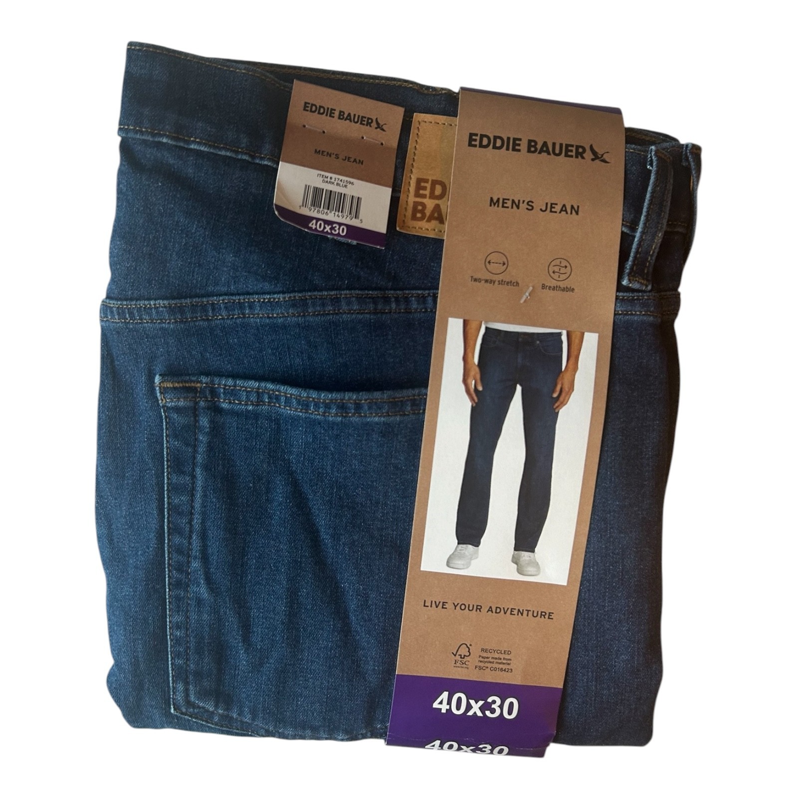 Eddie Bauer Men’s Jean Regular Fit Stretch Denim Dark Blue Size 40×30