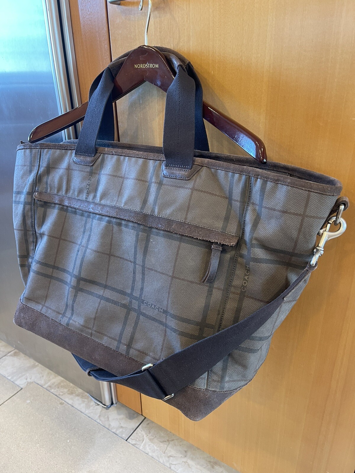 Coach Camden Plaid Fatigue Brown Canvas Tatersall Tote Weekend Travel Bag RARE