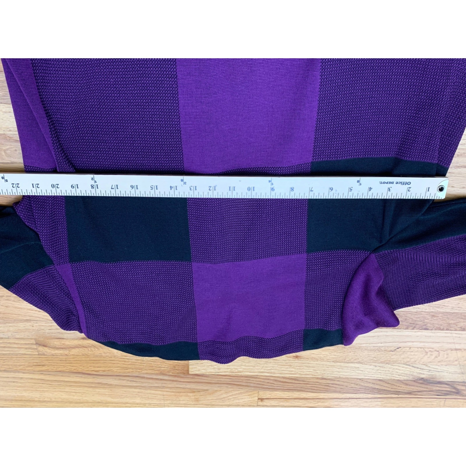 Ming Wang Purple Black Buffalo Check Knit Cardigan Jacket Fringe Trim XL