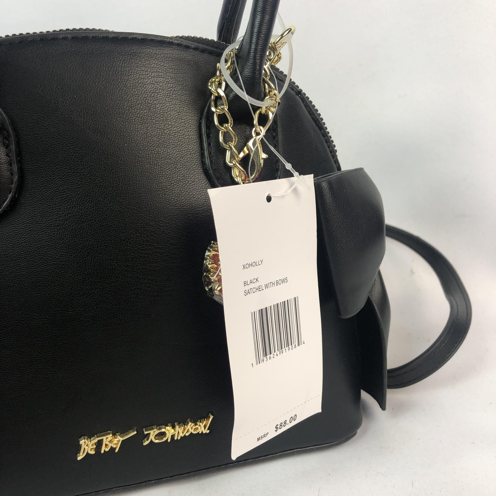 Betsey Johnson Satchel Bag Womens Black XOHOLLY Dome Bows Heart Charm NWT READ