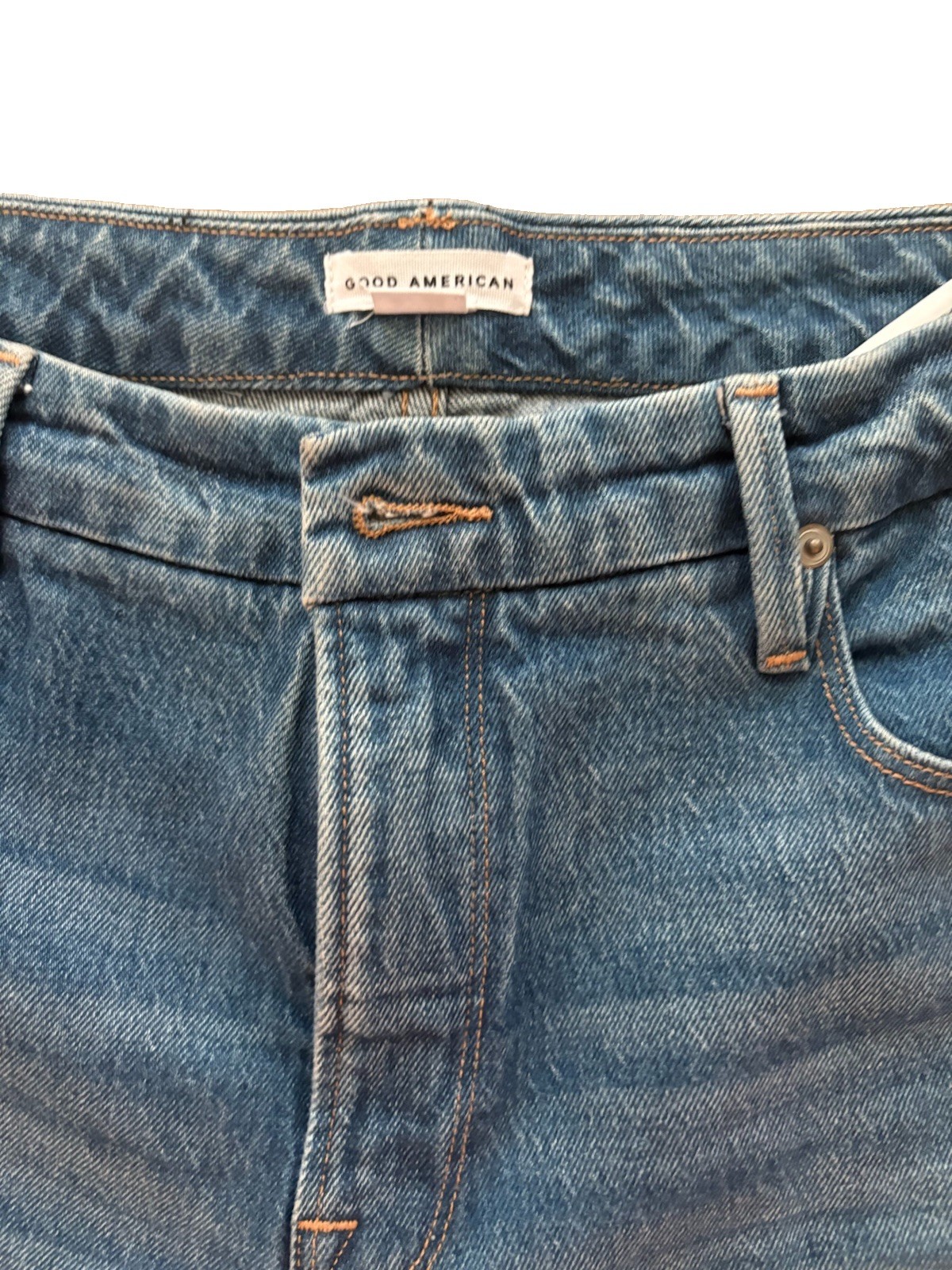 Good American Women’s Blue Medium Wash Denim Straight Jeans Raw Hem 8/29