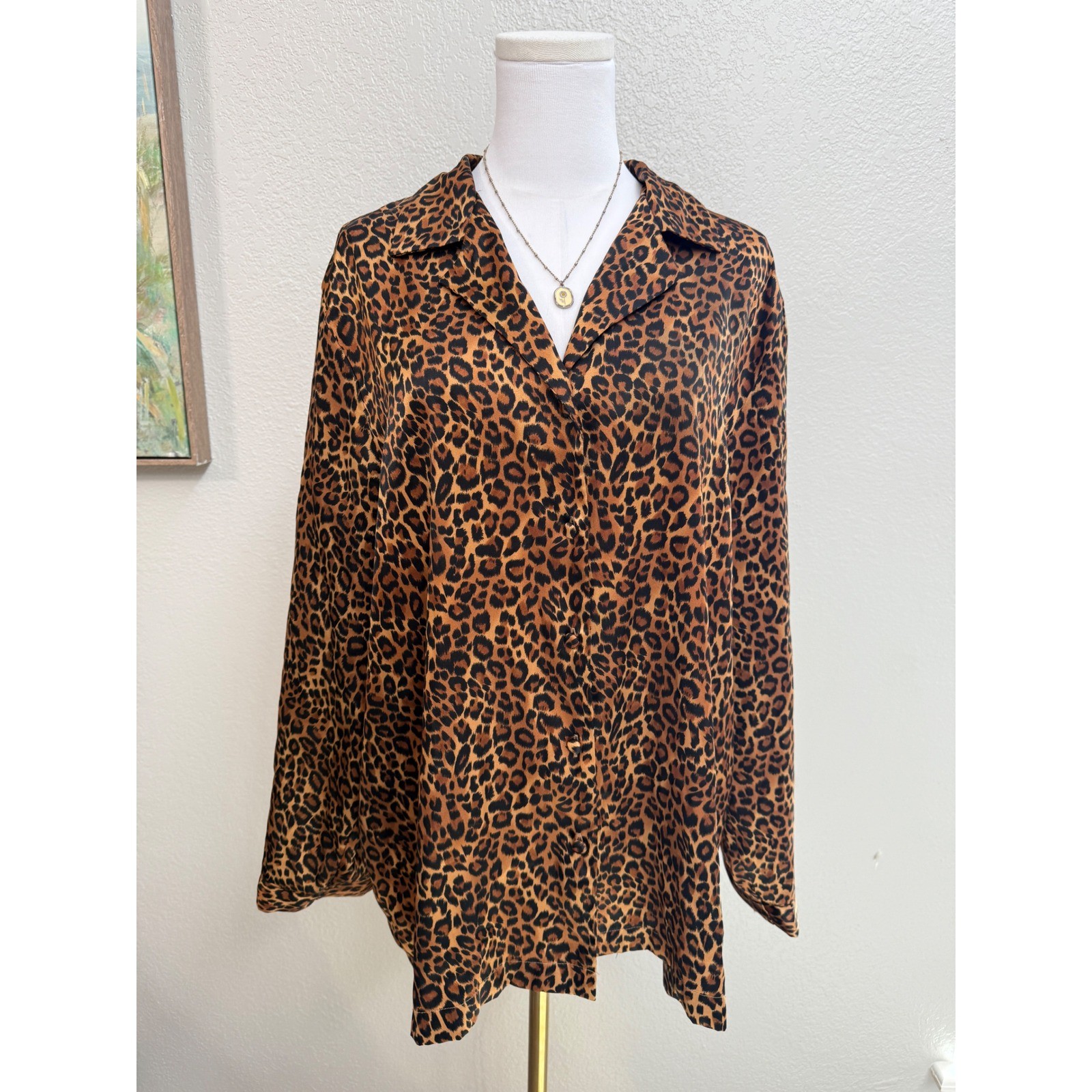 Leopard print satin button up blouse oversized XL